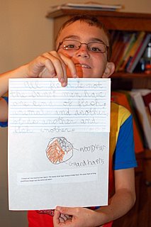 For his notebooking he writes part of it on lined paper, then he draws and then he types the text from the book.